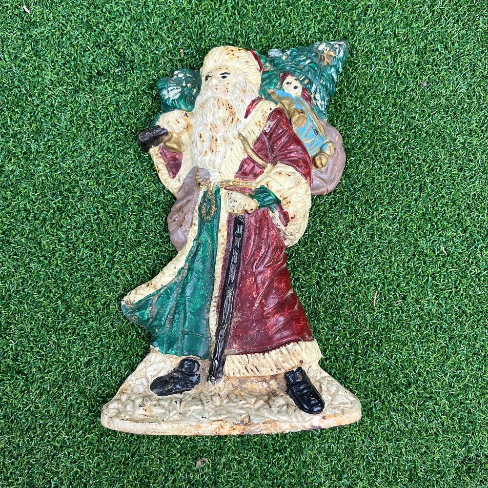Vintage Cast Iron Santa Claus Doorstop Old World Christmas Toy Sack 8.5"